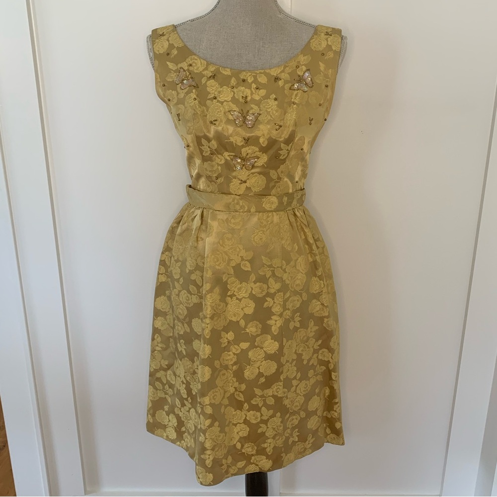 Vintage 1960’s gold floral jacquard party dress with bead embellishments